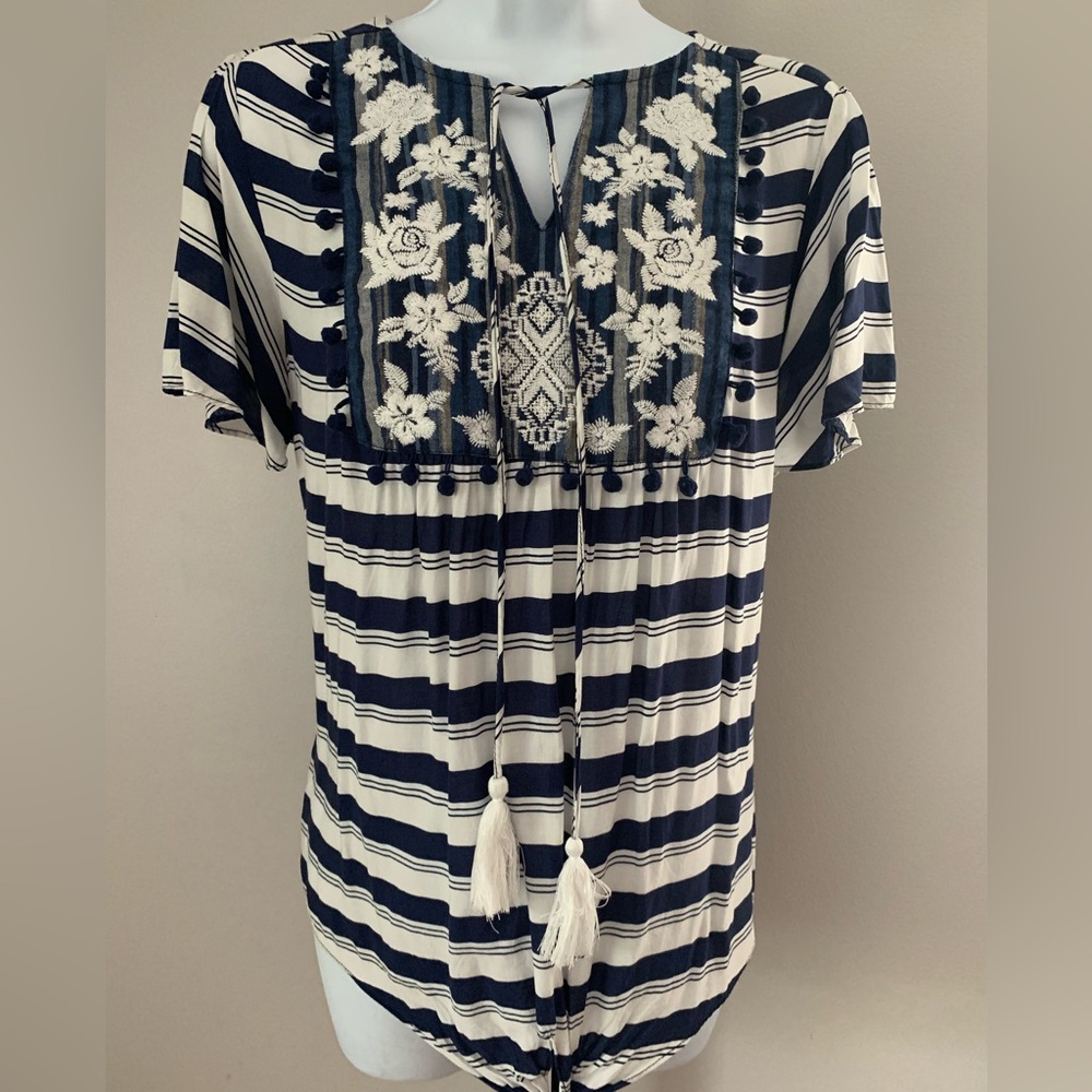 Impressions Blue and White Embroidered Tie Front Top